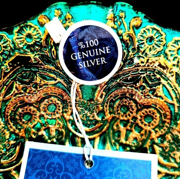 Skulls, Gilded & Turquoise Glass - 100% Silver Bottom - Turkish Bowl - Picture 2 of 3